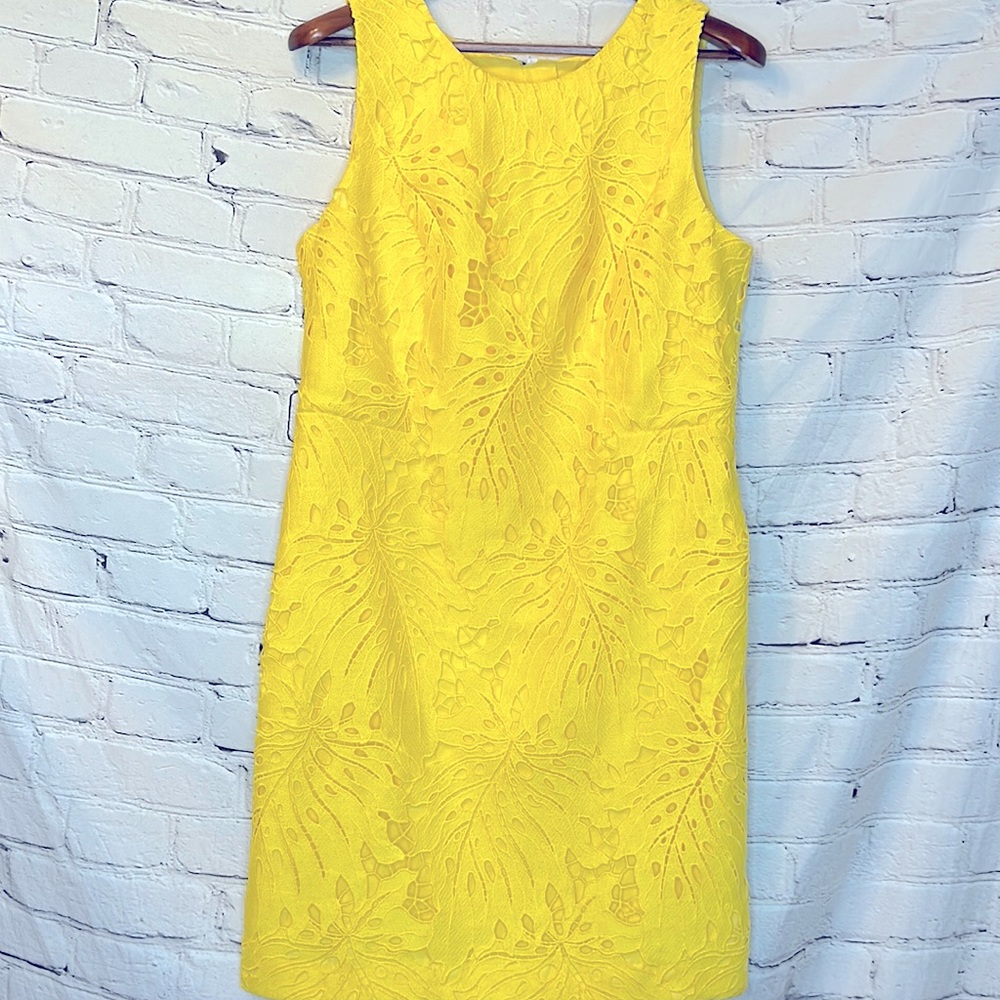 RSVP Talbots Yellow Leaf Lace Eyelet Sleeveless Dress Size 14 Petite